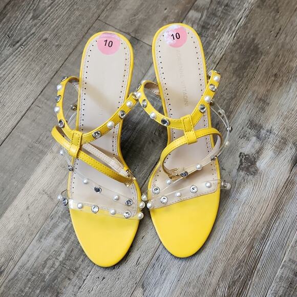 Adrienne Vittadini Yellow High Heel Sandals Studded Faux Pearl & Rhinestones 10 - Picture 2 of 9